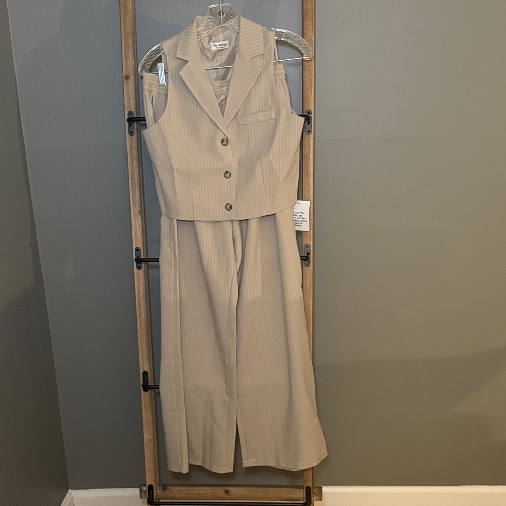 Sleeveless Tan Pinstripe Set